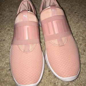 Puma Rose Gold & White Slip-in sneakers.